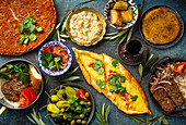Traditional Turkish dishes and mezze - Pide, Lahmacun, meat kebab, Turkish meatballs, sweet baklava and Künefe