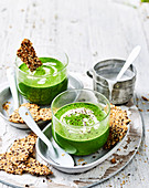 Kale and coconut soup with coconut crackers
