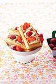 Creamy waffles with strawberries and raspberries