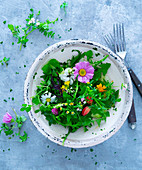 A wild herb salad with edible flowers