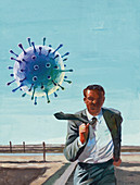 Man running away from coronavirus, illustration