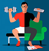 Man exercising at home and at the gym, illustration