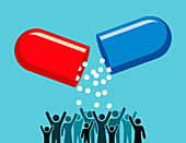 Large capsule pouring medicine on people below, illustration