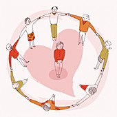 Woman encircled by loving friends and family, illustration