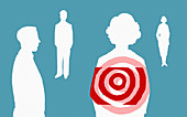 Woman in group with target, illustration