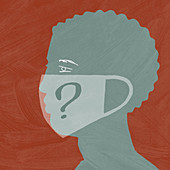 Man wearing mask with question mark, illustration