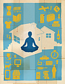 Woman meditating surrounded by busy lifestyle, illustration