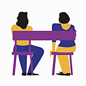 Chair forming arm around two women, illustration