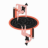 Confident and nervous woman on diving board, illustration
