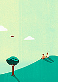 Couple sitting on hill watching bird in sky, illustration