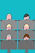 Rows of call centre workers, illustration