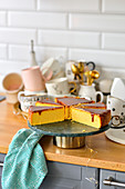 Pumpkin cheesecake on a plate, kitchen counter