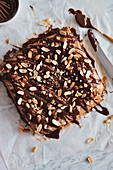 Chocolate brownie with peanut butter and almonds