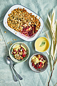Pear and blackberry crumble with bay leaf custard