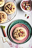 Vegan gluten-free buns with pudding and rhubarb