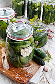 Pickled cucumbers in jars