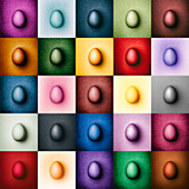 Grafische Collage mit Ostereiern in verschiedenen Farben auf buntem Untergrund