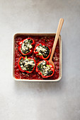 Oven-baked peppers filled with lentils and vegan cashew nut Parmesan