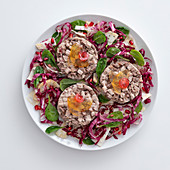 Boiled veal and beef on a bed of lettuce with pomegranate seeds