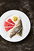Bream with yoghurt, preserved lemon and melon