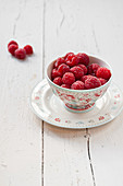 Fresh raspberries in porcelain bowl