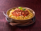 Tagliatelle with minced meat sauce and a basil leaf