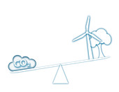 Scales with carbon cloud, turbine and tree, illustration