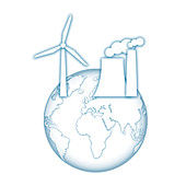 Earth with power station and wind turbine, illustration