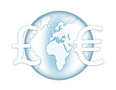 Earth with pound and euro currency symbols, illustration