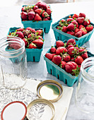 Fresh strawberries and mason jars