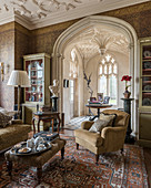 Classic living room with stucco details in English stately home