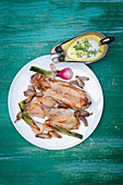 Rabbit with pommery-mustard sauce and spring onions
