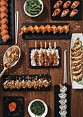 Assorted sushi and asian food