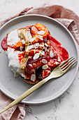 French toast with plums, yoghurt, peanut butter and almonds