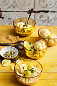 Cardamom ice cream on warm pistachio rice pudding