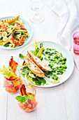 Chicken with Buttermilk Peas, Bloody Mary Salad and Prawn Pasta Salad