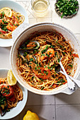 Seafood pasta with shrimps, mussels and tomato sauce
