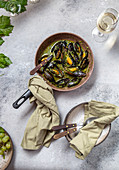 Mediterranean style mussels in green sauce and white wine