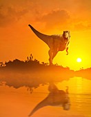 Artwork of tyrannosaurus at sunset