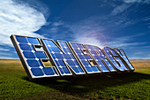 Energy solar panels in sunny rural field