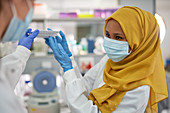 Scientist in hijab and face mask working