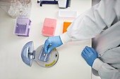 Scientist in rubber gloves using equipment in laboratory