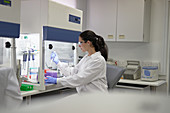 Scientist with pipette working at fume hood