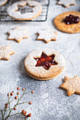 Gluten-free vegan cookies layered with jam