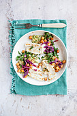 Courgette cakes with spicy chickpeas, red cabbage, herbs and fried halloumi cheese