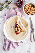 Crepes with rose petal jam and pan fried apples