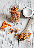 Tropical granola with coconut, cashews and dried mango