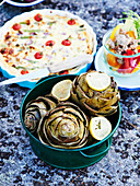 Artichokes with garlic dip, Asparagus and Tomato tart