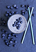 A blue smoothie made from blueberries, bananas and almond drink