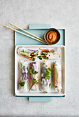 Colourful summer rolls with an almond and chilli dip